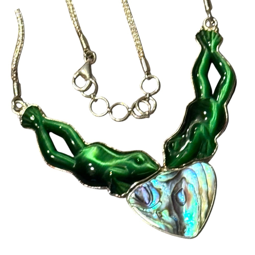 Vintage Sajen 925 Sterling FROG Cats eye Abalone Green and Iridescent Necklace